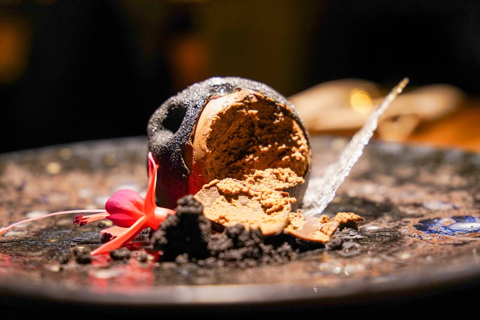 Gourmet chocolate dessert with edible flower