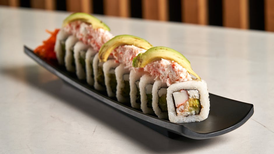 Delicious sushi roll with avocado and crab