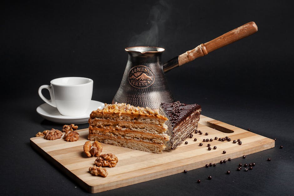 Delightful Armenian coffee setup with chocolate and nut cake, perfect for indulgence