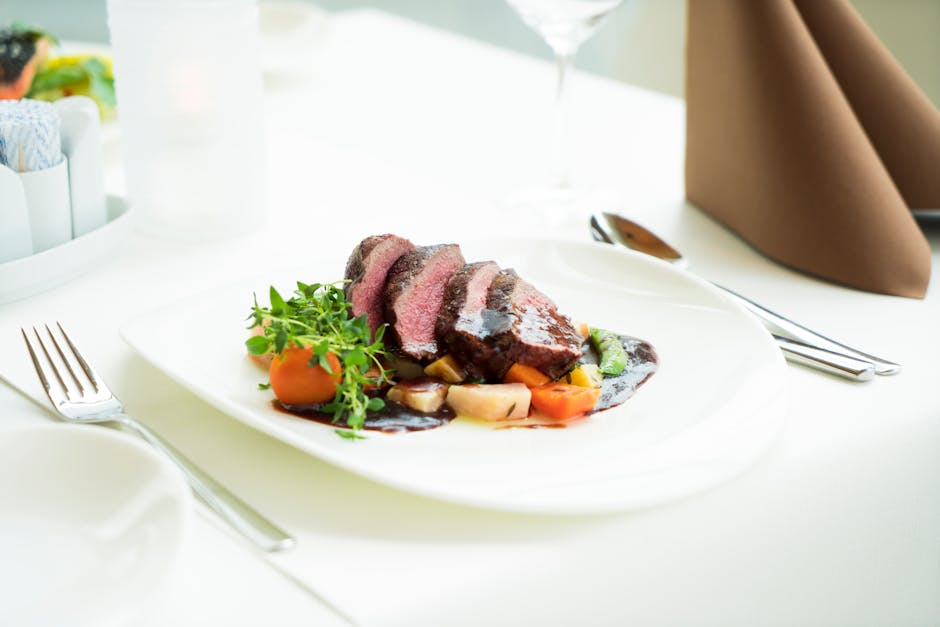 Beautifully presented beef steak with vegetables